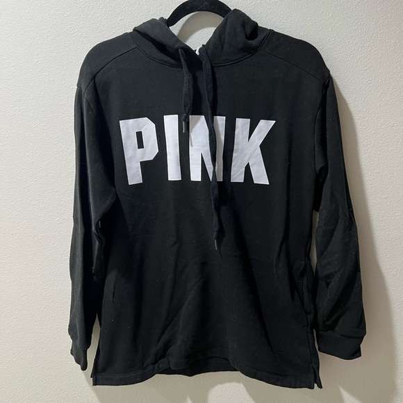 Victoria’s Secret PINK Black Hoodie with White Logo, sz small, tunic style, EUC - Picture 1 of 6